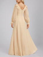 Champagne A-Line V-Neck Floor-Length Chiffon Bridesmaid Dress With Bow