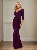 Trumpet/Mermaid V Neck 3/4 Sleeve Floor Length Stretch Crepe Mother of the Bride Dress With Ruffles