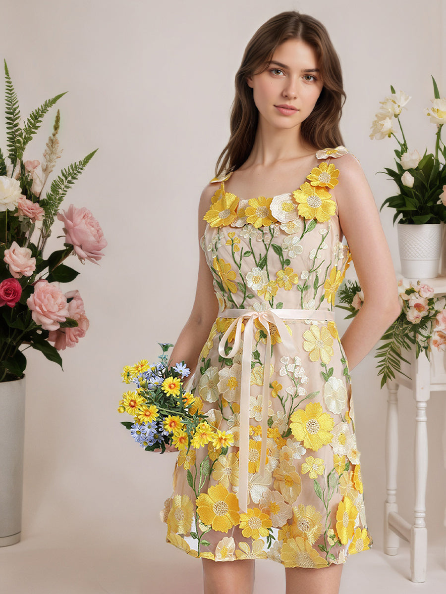 3D Floral Embroidery Tulle V-Neck Lace Mesh Homecoming Mini Dress