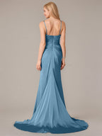 Steel Blue Sheath/Column Satin Spaghetti Straps Sleeveless Floor Length Dresses