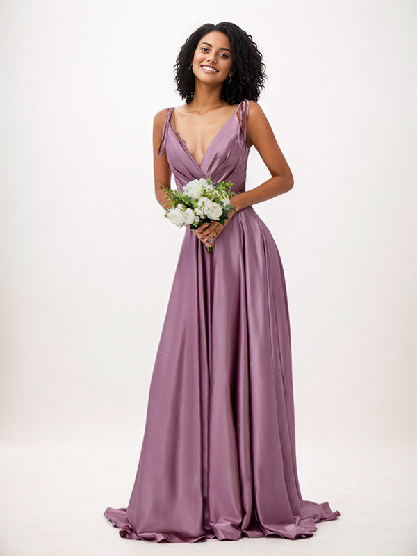 Vestidos de madrinha wisteria em cetim, corte evasê, babados, decote em V, sem mangas, comprimento até o chão