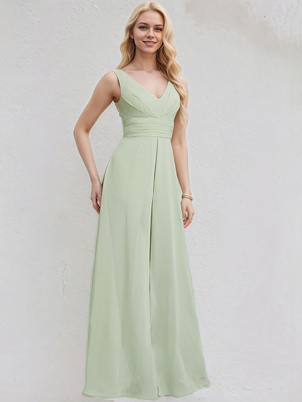 Tuta in chiffon celadon a linea ad A con scollo a V, senza maniche, lunga fino al pavimento, da damigella