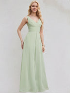 Tuta in chiffon celadon a linea ad A con scollo a V, senza maniche, lunga fino al pavimento, da damigella
