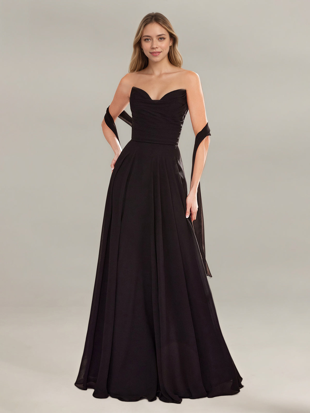 A Line Chiffon Off The Shoulder Sleeveless Floor Length Dress