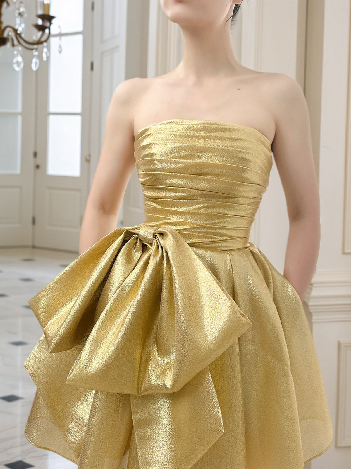 Robe courte de bal de promo ligne A, bustier droit sans bretelles avec nœud