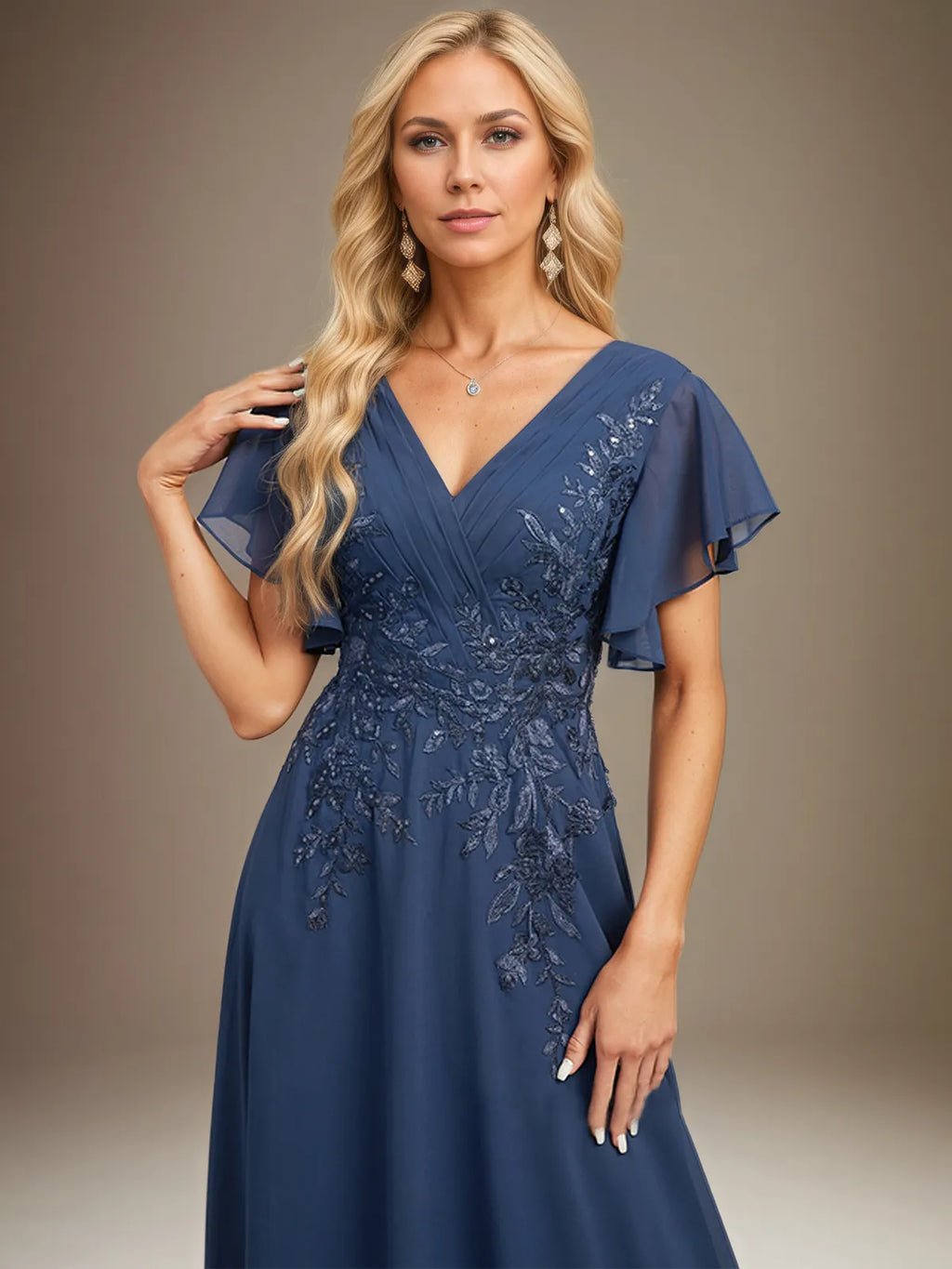 A Line V Neck Floor Length Lace Chiffon Evening Dress With Pleated Sequins