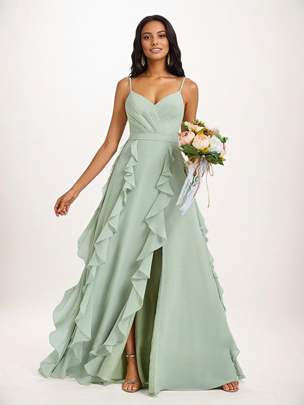 Staubiges Salbei A-Linien V-Ausschnitt Rüschen bodenlanges Chiffon Brautjungfernkleid