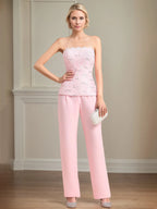 Costume pantalon mère de la mariée en chiffon sans manches épaules dénudées longueur au sol avec appliques
