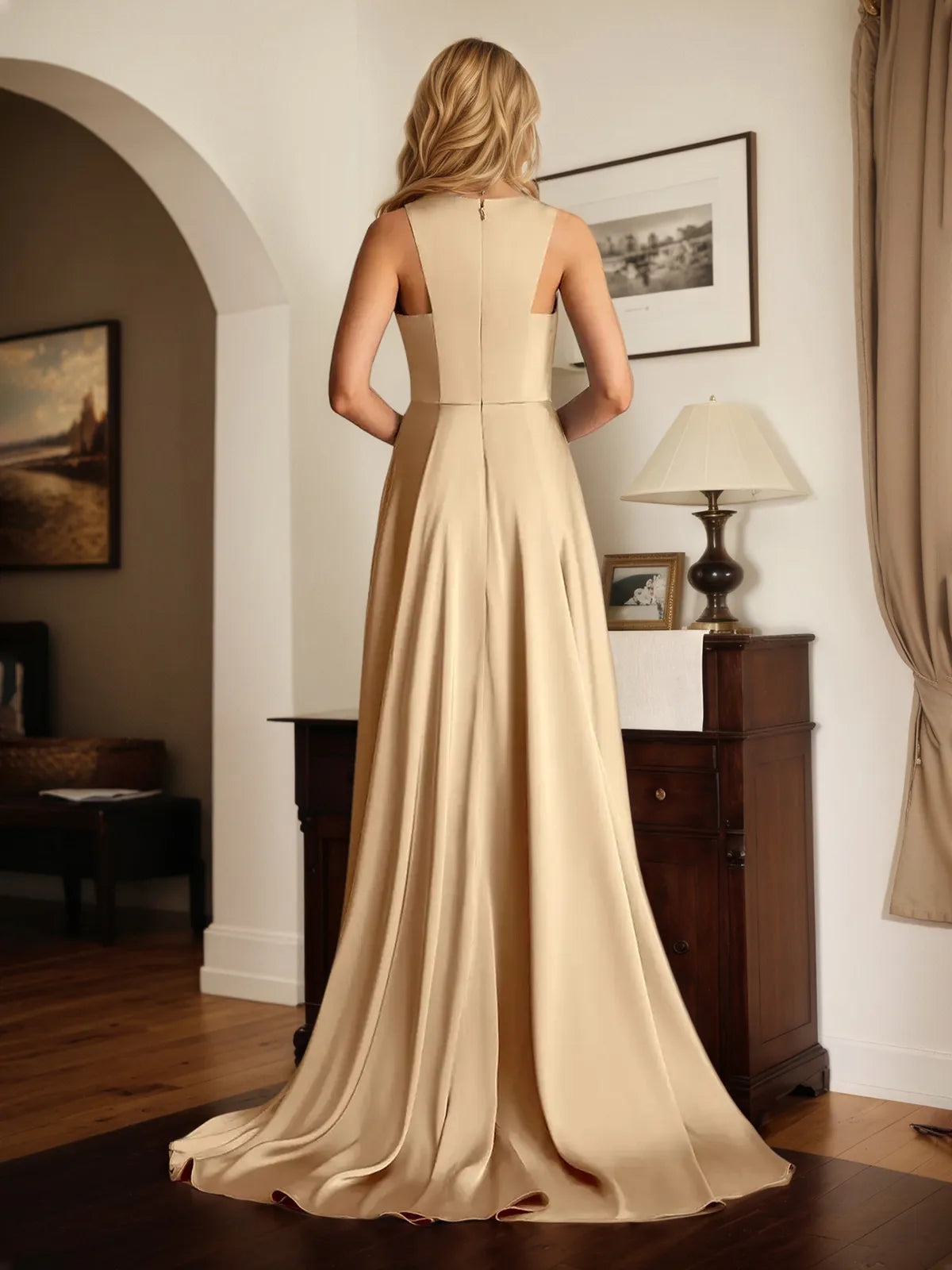 A Line Satin Scoop Neck Sleeveless asymmetrical Dress