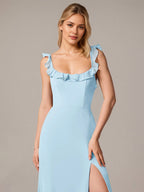 Sheath/Column Chiffon Off The Shoulder Sleeveless Floor Length Dresses With Ruffles