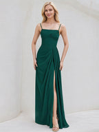 Emerald Chiffon A Line Spaghetti Straps Sleeveless Floor Length Bridesmaid Dress