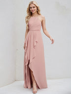 Dusty Rose Chiffon A Line Halter Neck Sleeveless Asymmetrical Bridesmaid Dress