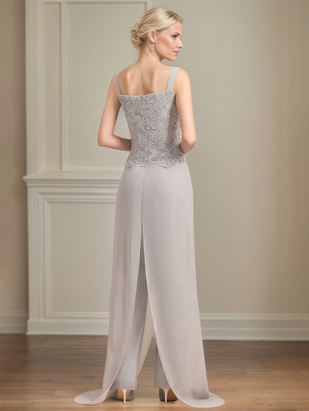 Conjunto Calça para Mãe da Noiva de Chiffon, Decote Quadrado, Sem Mangas e Comprimento Longo com Pregas