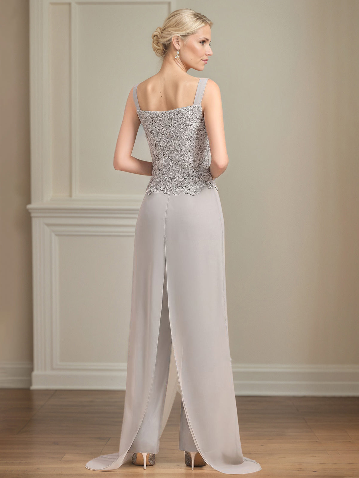 Conjunto Calça para Mãe da Noiva de Chiffon, Decote Quadrado, Sem Mangas e Comprimento Longo com Pregas