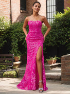Robe de soirée élégante fuchsia bustier à sequins avec fente haute