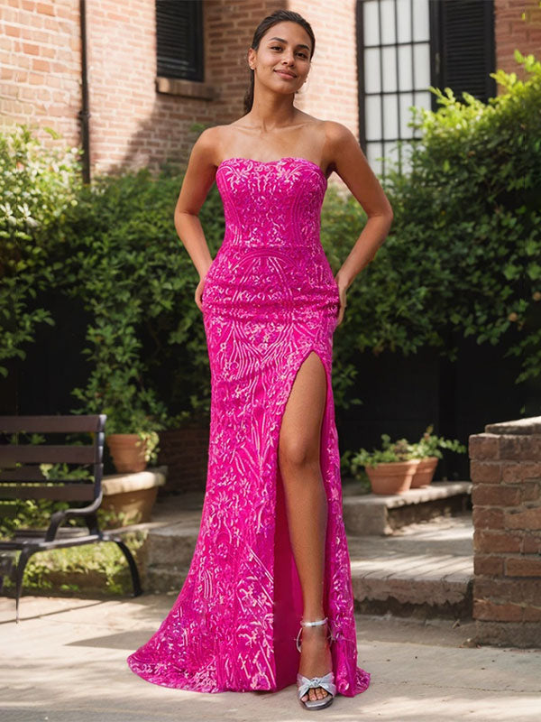 Robe de soirée élégante fuchsia bustier à sequins avec fente haute