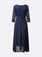 Bläulich-lila Spitzen-Chiffon Kleid mit Rundhalsausschnitt, halben Ärmeln, A-Linie, Midi-Länge