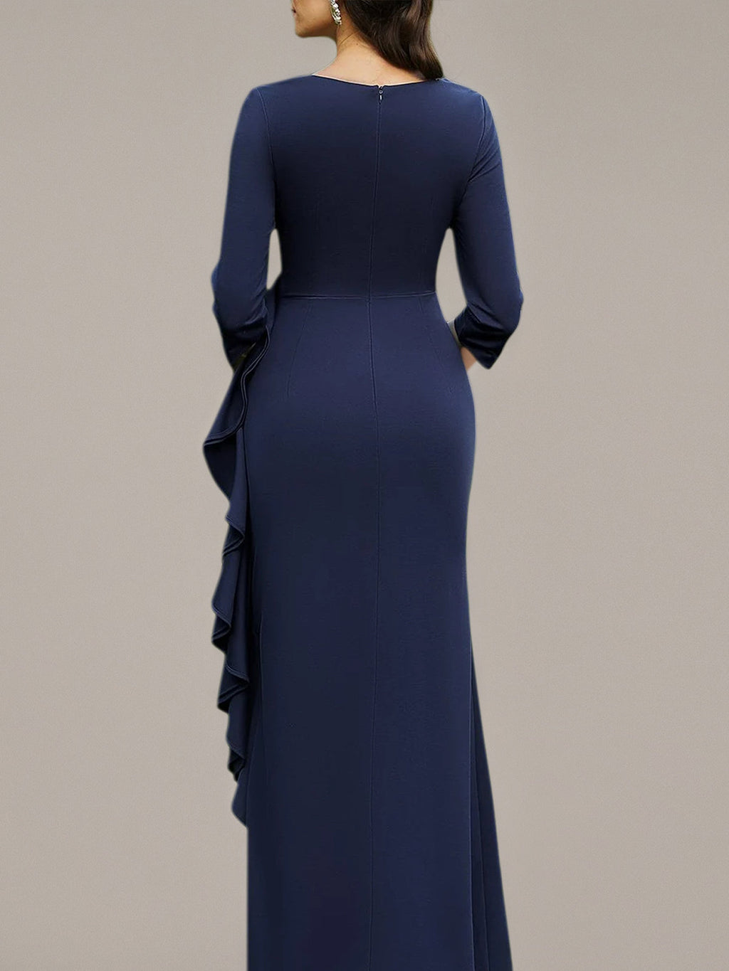 Navy Sheath/Column Stretch Crepe V Neck 3/4 Sleeves Asymmetrical Dresses
