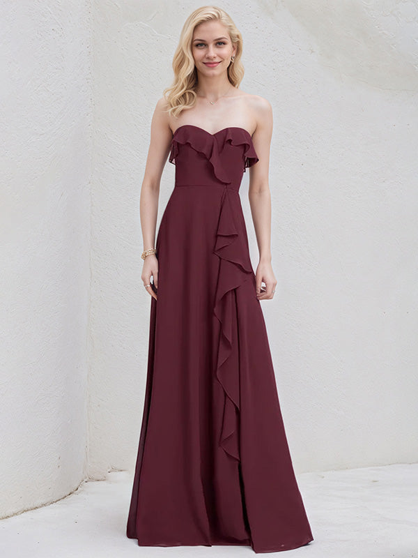Abito damigella a linea A in chiffon Cabernet con scollo a cuore, senza maniche e lungo fino a terra