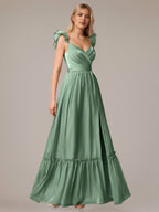 Green A Line V Neck Sleeveless Floor Length Dresses With Ruffles