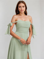 Celadon Chiffon A Line Off the Shoulder Sleeveless Floor Length Bridesmaid Dress