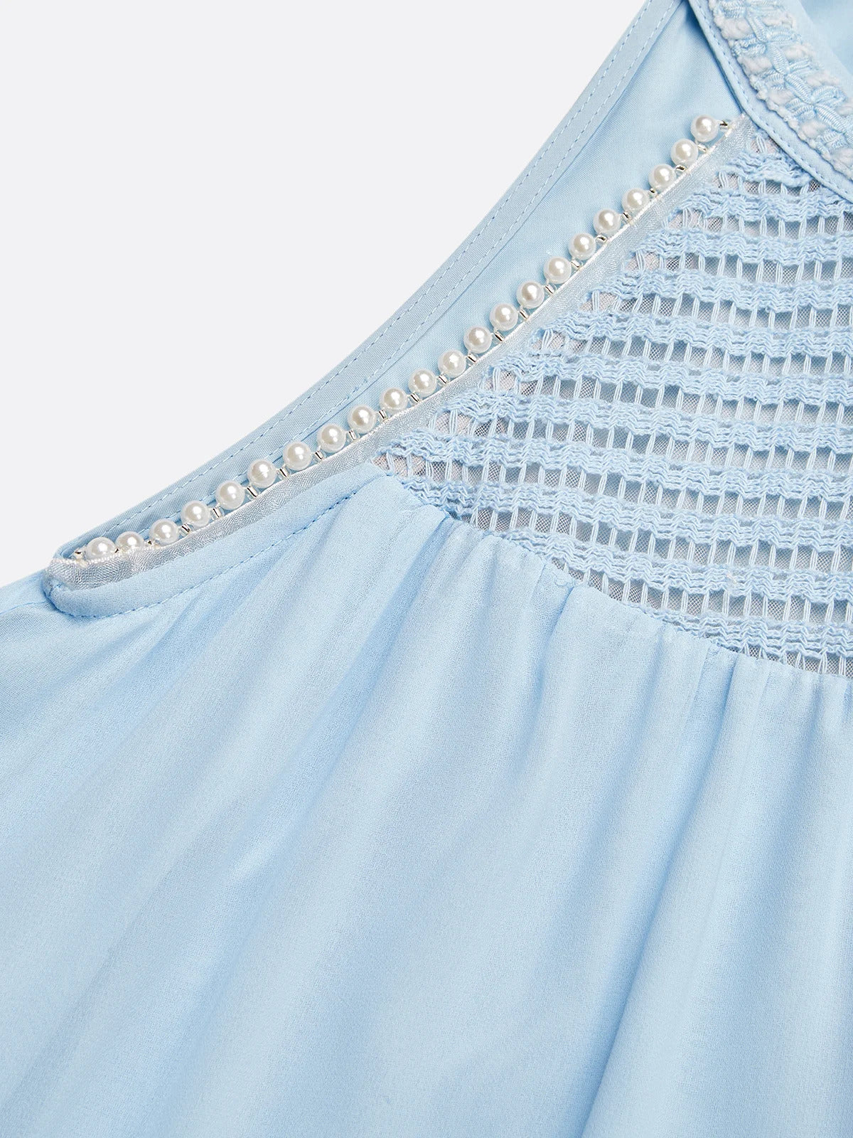 Hellblau geflochtener Träger Perlen Chiffon Neckholder Ärmelloses A-Linien Maxikleid