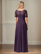 A Line Chiffon Scoop Neck Short Sleeves Floor Length Dress