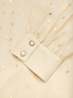 Abito midi albicocca dorato in chiffon, scollo a V, maniche lunghe a palloncino, linea ad A