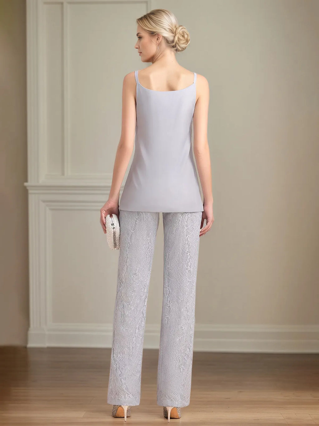 Conjunto de Calça para Mãe da Noiva em Chiffon com Decote V, Sem Mangas, Comprimento Longo e Aplicações