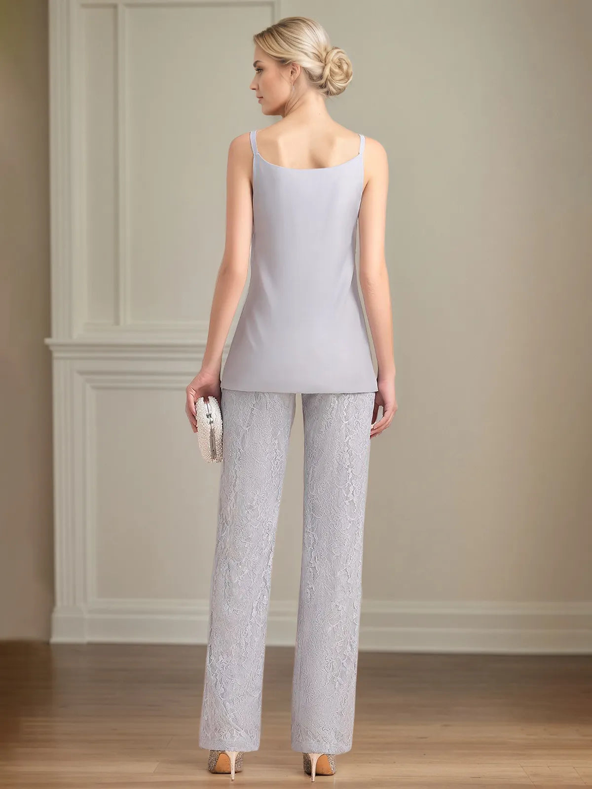 Conjunto de Calça para Mãe da Noiva em Chiffon com Decote V, Sem Mangas, Comprimento Longo e Aplicações