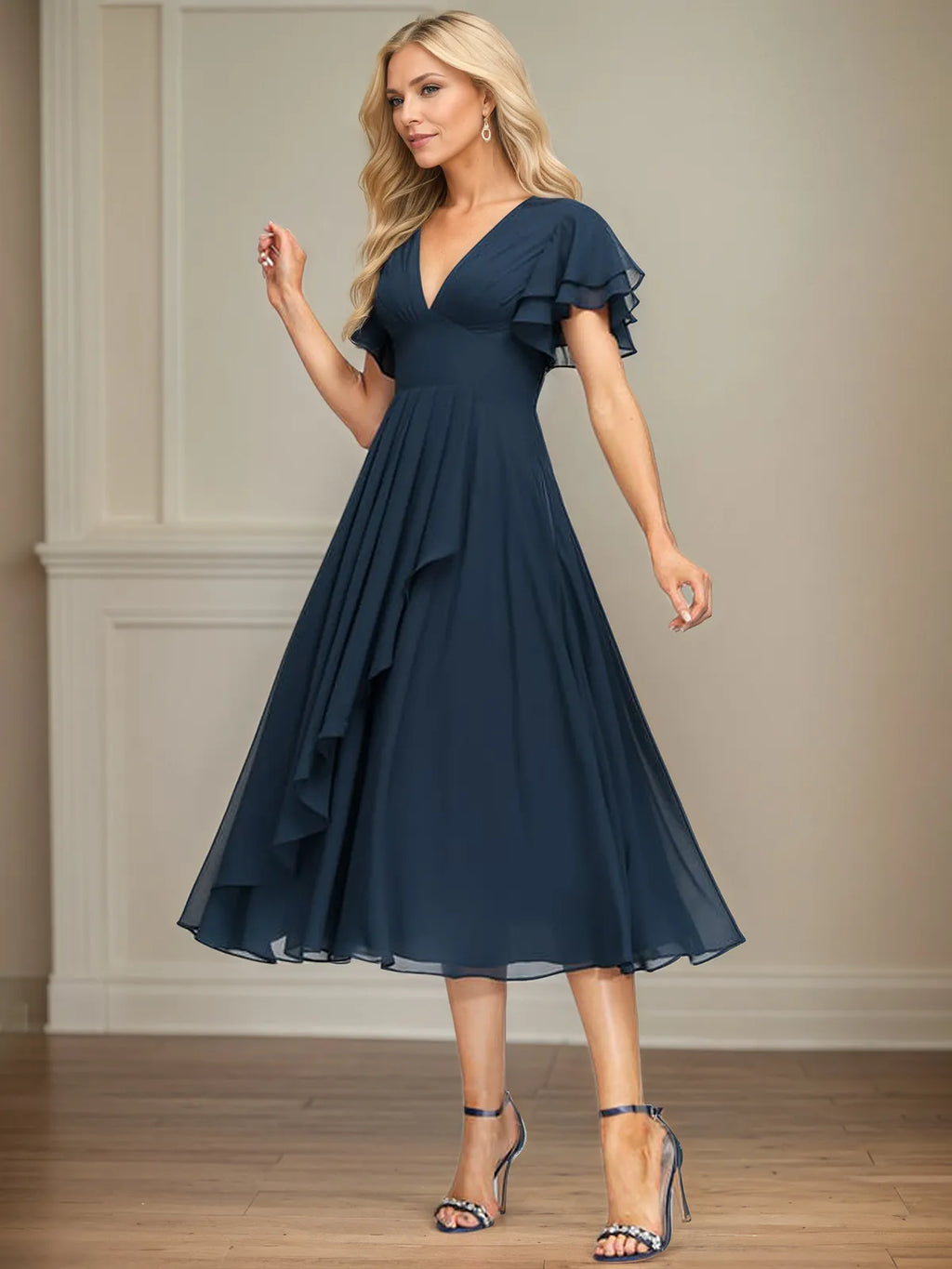 Vestido de chiffon em linha A, comprimento tea, decote em V e babados em cascata