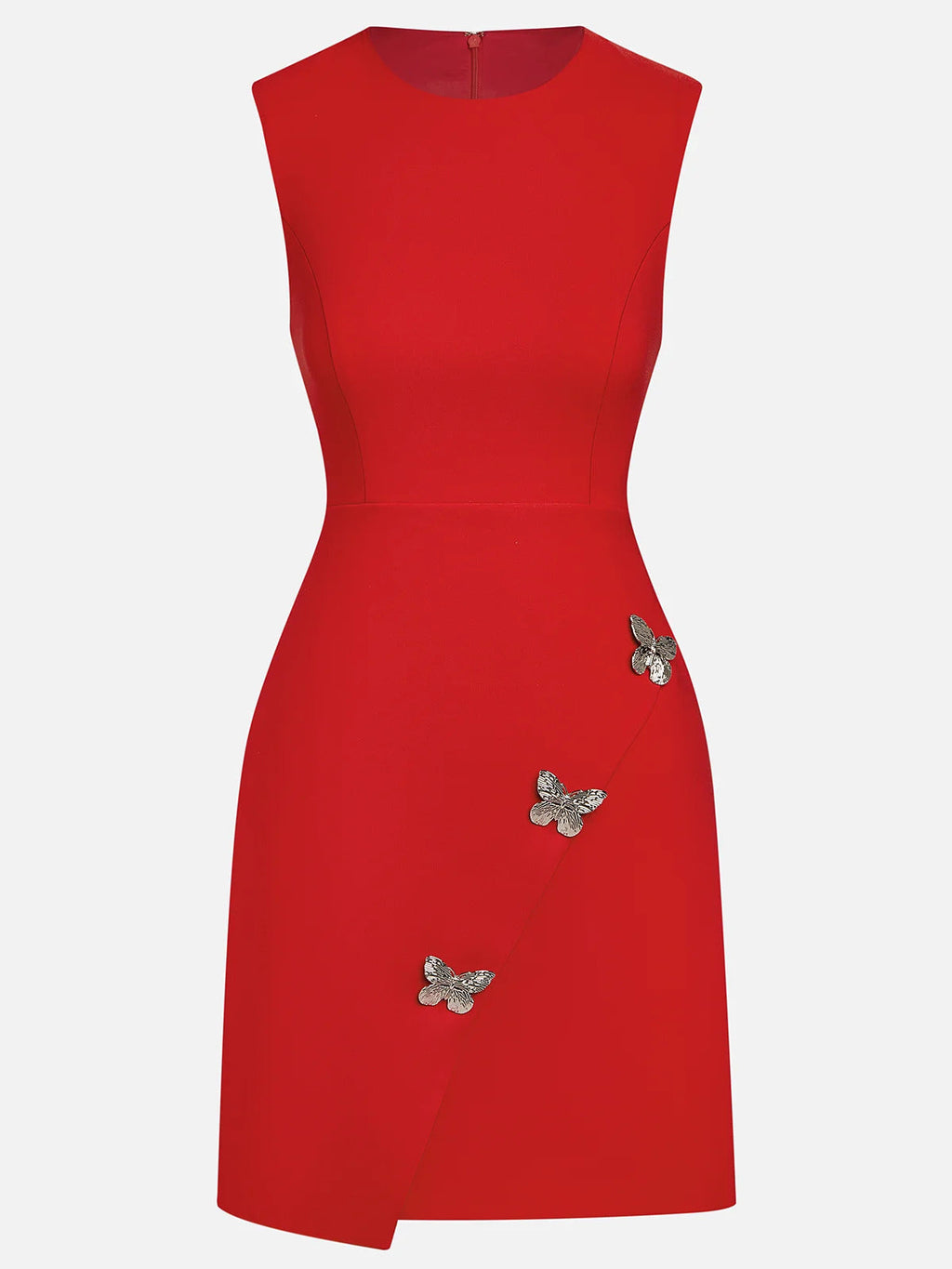 Vestido mini clásico línea A rojo con hebilla de mariposa, escote redondo y sin mangas para graduación
