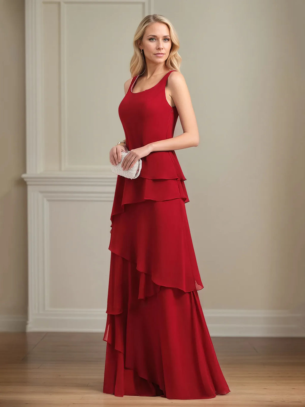 Chiffon-Kleid mit quadratischem Ausschnitt, ärmellos, bodenlang, plissiert, Brautmutterkleid mit Jacke