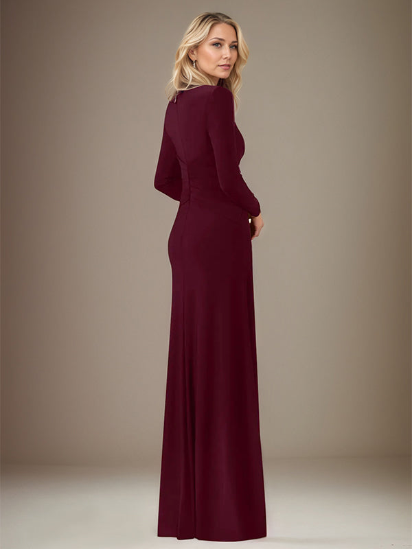 A Line Cabernet Stretch Crepe Scoop Neck Long Sleeves Floor Length Dress