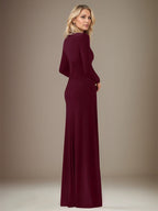 A Line Cabernet Stretch Crepe Scoop Neck Long Sleeves Floor Length Dress