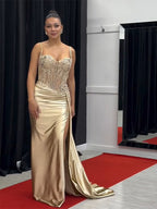 Green Mermaid Spaghetti Straps Bodice Long Prom Dress with Beads