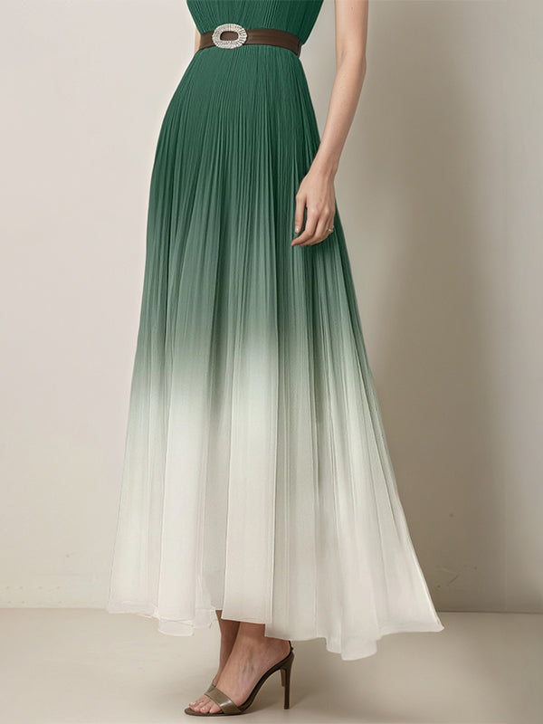 Evening Dress Green-White Ombre Pleated Chiffon Belt Ankle Length Dress