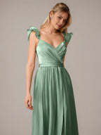 Green A Line V Neck Sleeveless Floor Length Dresses With Ruffles