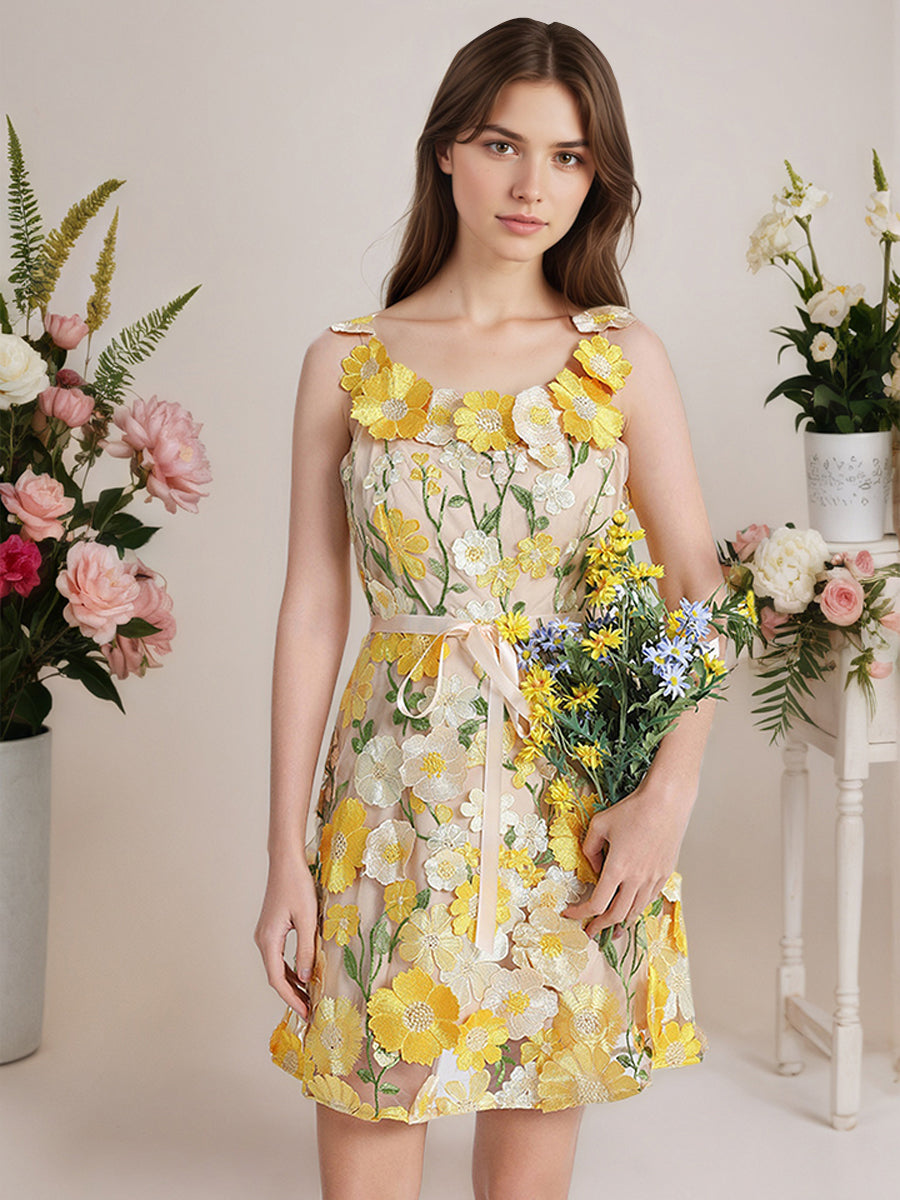 3D Floral Embroidery Tulle V-Neck Lace Mesh Homecoming Mini Dress