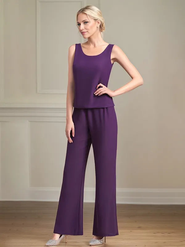 Tailleur pantalone da madre della sposa in chiffon con scollo a U, maniche lunghe e lunghezza fino a terra