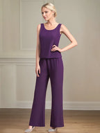Tailleur pantalone da madre della sposa in chiffon con scollo a U, maniche lunghe e lunghezza fino a terra