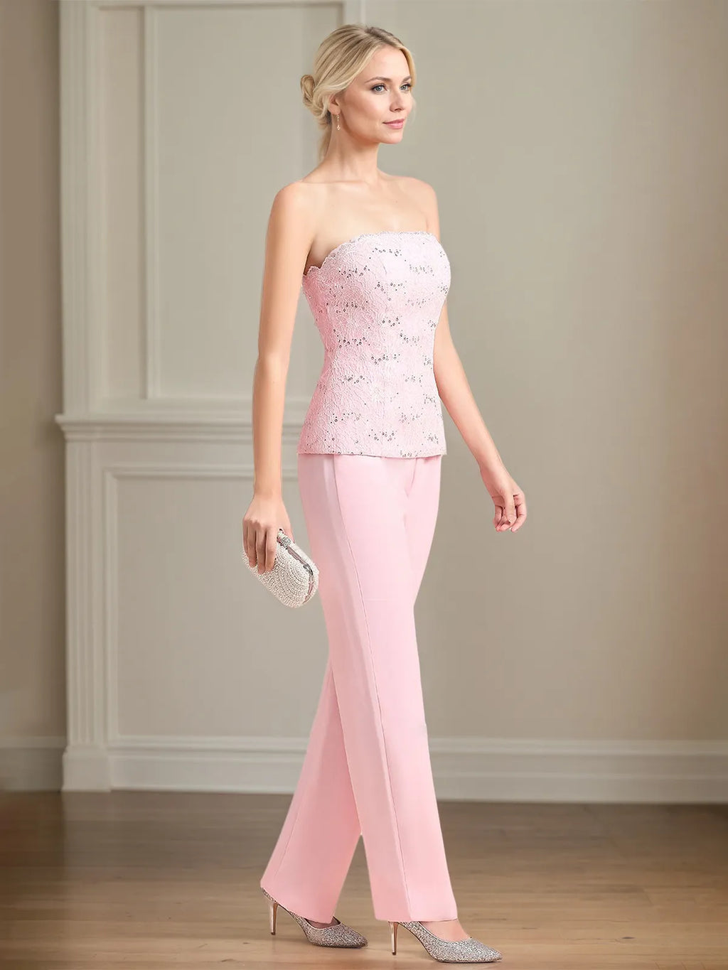 Costume pantalon mère de la mariée en chiffon sans manches épaules dénudées longueur au sol avec appliques
