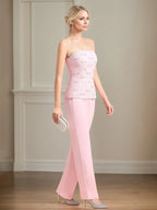 Costume pantalon mère de la mariée en chiffon sans manches épaules dénudées longueur au sol avec appliques