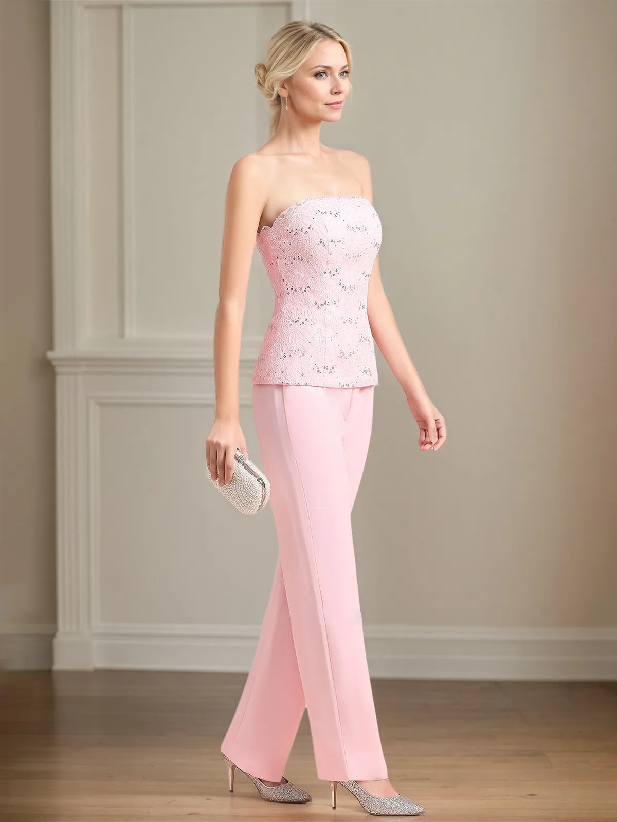 Costume pantalon mère de la mariée en chiffon sans manches épaules dénudées longueur au sol avec appliques