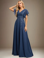 A Line V Neck Floor Length Lace Chiffon Evening Dress With Pleated Sequins