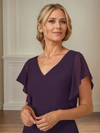 A Line V Neck Flutter Sleeve Floor Length Chiffon Mother of the Bride Dress