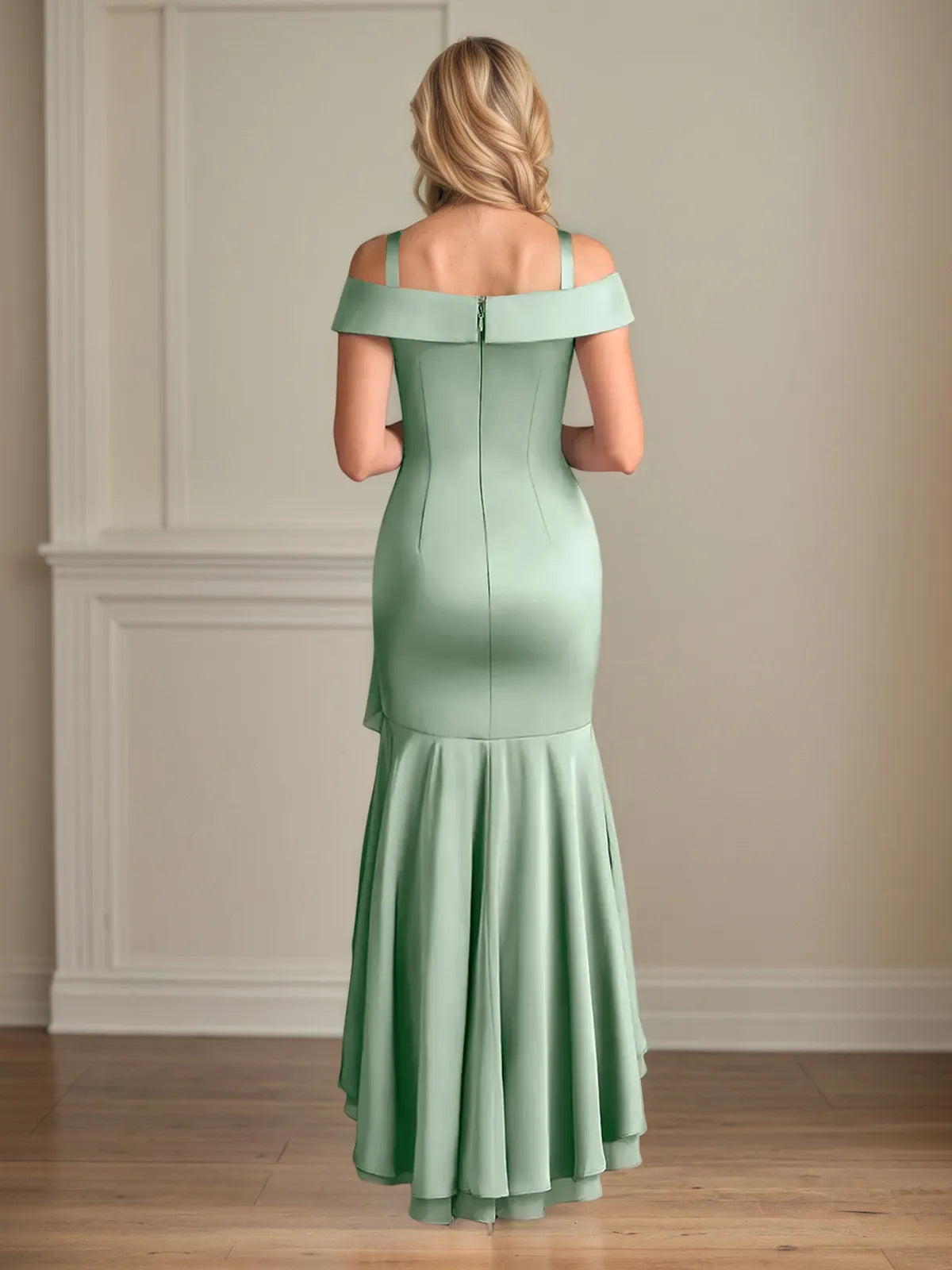 Schmaler Schnitt/Column Satin schulterfrei ärmellos asymmetrisches Kleid