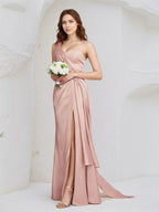 Dusty Rose Satin Sheath/Column One Shoulder Floor Length Sleeveless Bridesmaid Dress