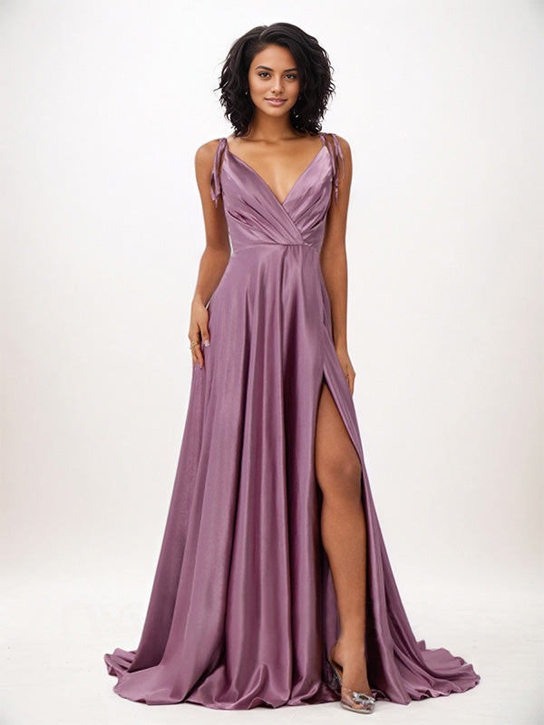 Vestidos de madrinha wisteria em cetim, corte evasê, babados, decote em V, sem mangas, comprimento até o chão