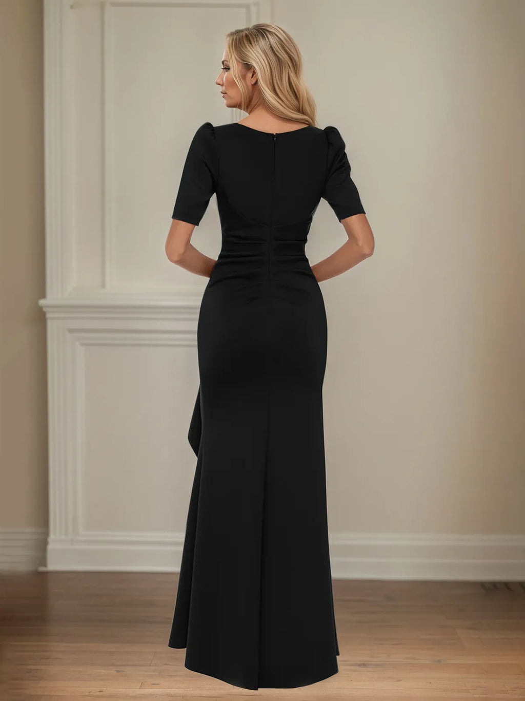 Trumpet/Mermaid Scoop Neck Short Sleeve Floor Length Stretch Crepe Mother of the Bride Dress With Ruffles